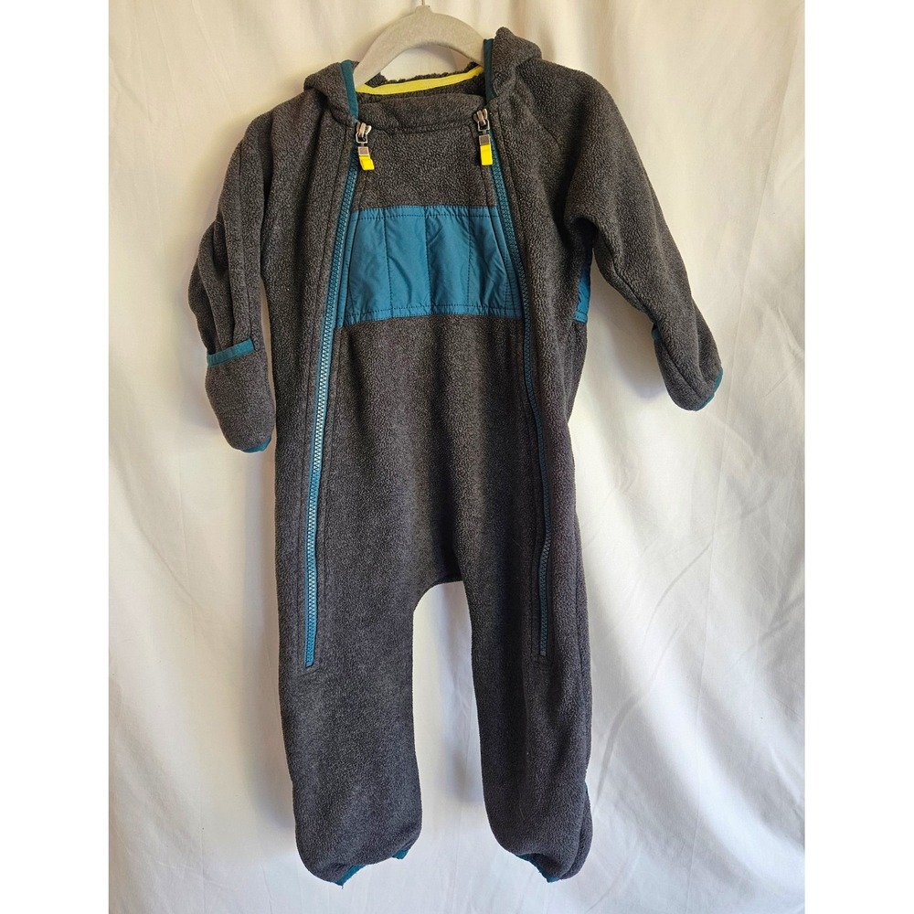 MEC Baby Fleece Bunting Snowsuit 12M Gray Teal Hooded Foldover Mittens Feet